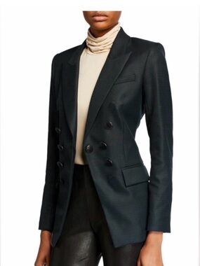 Veronica Beard Double-Breasted Tailored Blazer in Deep Green-Black Houndstooth